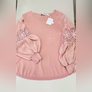 Sioni Sweater Women 1X Lace‎ Bubble Sleeve Jumper Pink Coquette Crew Neck NWT